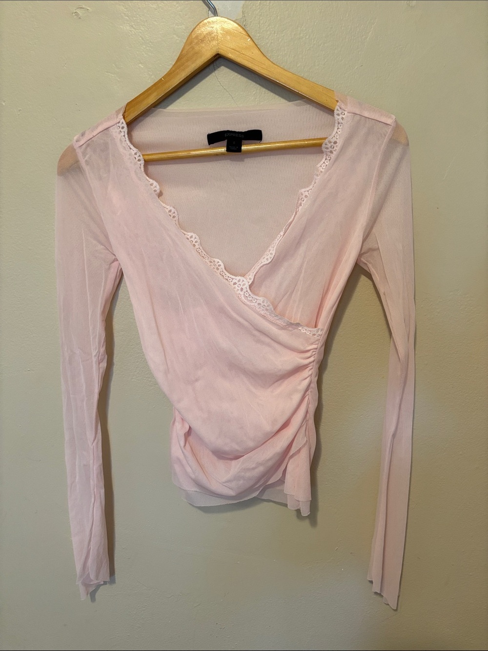 Express Light Pink Wrap-Style Long Sleeve Top